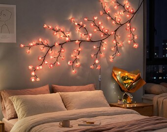 Galhos de luzes LED em formato de flor de cerejeira – Luzes de fada em forma de videira de salgueiro rosa, decoração celestial para quarto e ambientes.