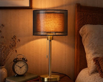 Abajur de mesa vintage em latão – Cúpula dupla em tecido, luminária de cabeceira aconchegante, luminária de mesa retrô para quarto e sala de estar.