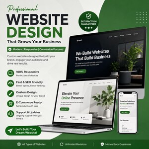 Könnte beinhalten: Eine digitale Marketinggrafik für professionelle Website-Design-Dienstleistungen. Sie zeigt einen Desktop-Monitor, einen Laptop und ein Smartphone mit Website-Layouts in Grün und Weiß, einschließlich des Textes Professional Website Design.