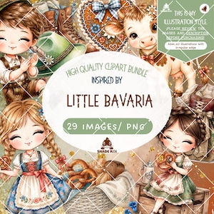May include: A digital clipart bundle titled Little Bavaria featuring 29 PNG images of cartoon characters in traditional clothing, a cow, pretzels, a heart-shaped cookie, and a basket. The text reads High Quality Clipart Bundle Inspired By Little Bavaria 29 Images/ PNG.