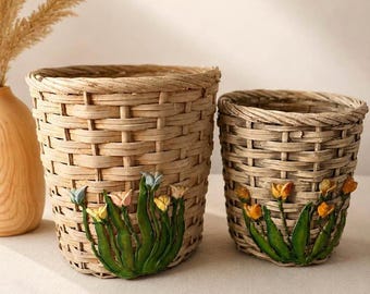 Vintage Wicker Basket Planter Set with Floral Resin Appliqués