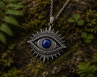 Sterling Silver Evil Eye Necklace with Lapis Lazuli – Celestial Protection Talisman Jewelry