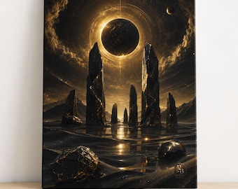 Sonnenfinsternis Leinwand Wandkunst, Himmlische Monolith Druck, Kosmische Fantasie gerahmte Leinwand