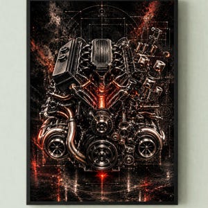 May include: A framed wall art print featuring a detailed mechanical engine assembly with twin turbochargers, metallic components, and glowing orange highlights set against a dark background with intricate technical blueprint line drawings.