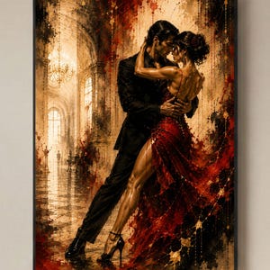 May include: A framed wall art print depicting a couple in a ballroom dancing. One figure wears a black suit and the other a red dress with a high slit. The scene features warm golden lighting, a chandelier, and dark, textured paint splatters.