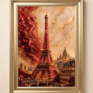 May include: A framed wall art print featuring the Eiffel Tower in a vibrant red hue, set against a swirling, marbled background of deep crimson and gold. The scene includes Parisian architecture and the Sacré-Cœur Basilica under a glowing sky.