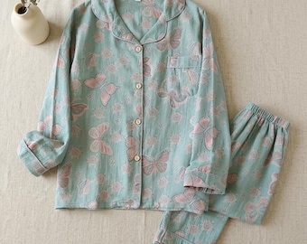 Cotton Pajama Set for Women with Vintage Butterfly Print, Japanese Style Summer Loungewear, a Soft Breathable Sleepwear Gift for Her