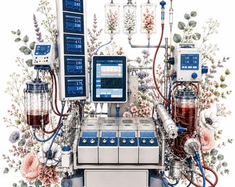 Può includere: Un complesso macchinario medico con molteplici monitor digitali che visualizzano dati numerici, serbatoi di liquido trasparenti contenenti liquido rosso scuro e tubi intricati, circondato da una fitta disposizione di illustrazioni floreali.