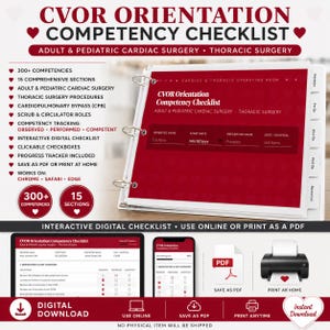 May include: A CVOR Orientation Competency Checklist binder with a red cover featuring white text. The document includes sections for adult and pediatric cardiac and thoracic surgery, with fields for orientee, preceptor, and unit names for tracking.