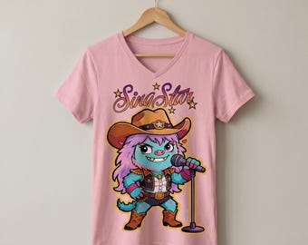 カントリーシンガーPNG | シングスター昇華プリントデザイン | マイクを持ったカウガールモンスターのクリップアート | Tシャツプリントデザイン | デジタルダウンロード