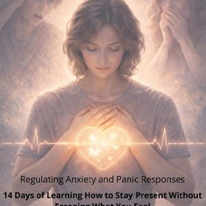 Op de afbeelding: Een boekomslag met een centrale figuur met handen op de borst, een gloeiend hart en een hartslaglijn. Twee angstige figuren verschijnen op de achtergrond. De tekst luidt: Regulating Anxiety and Panic Responses, 14 Days of Learning How to Stay Present Without Escaping What You Feel, Elena Paraschiv.