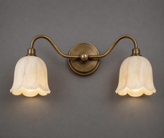 2 Light Alabaster Wall Sconce, Brass Vanity Light, Bathroom Wall Sconce, Mid Century Modern Wall Lamp, Natural Stone Lighting