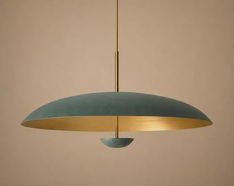 Brass Dome Pendant Light, Mid Century Ceiling Light, Green Hanging Lamp, Raw Brass Finish Scandinavian Kitchen Island Lighting