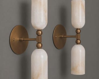 Pair Of Alabaster Wall Sconce, Double Cylinder Wall Light, Antique Brass Wall Lamp, Luxury Bathroom Vanity Lighting