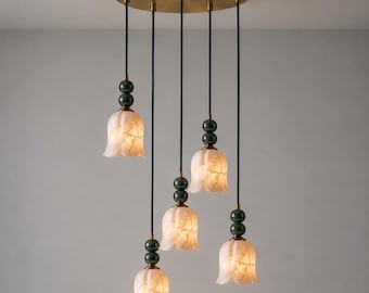 Lampadario a sospensione a grappolo in alabastro, lampadario a 5 luci in ottone, lampada a sospensione in marmo verde, illuminazione di lusso per scale, lampadario contemporaneo per soffitto
