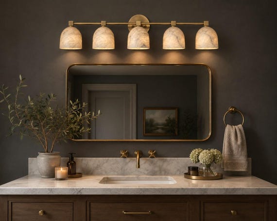 Alabaster Wall Sconce 5 Light, Brass Vanity Light, Natural Stone Wall Lamp, Luxury Bathroom Lighting, Mid Century Decor
