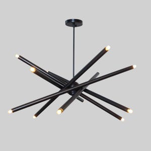 Moderne zwarte Spoetnik-kroonluchter, minimalistische lineaire plafondlamp, hedendaags statement armatuur, designverlichting