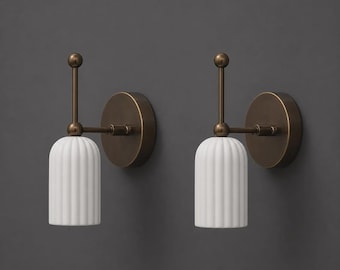 Pair Of Alabaster Wall Sconce, Modern Brass Wall Lamp, Luxury Bedroom Lighting, Fluted Stone Wall Light, Handmade Fixture