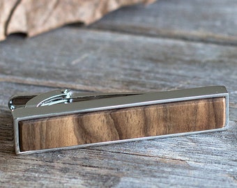 walnut tie bar clip, silver tie bar clip, tie bar vintage,  men's tie bar, groom tie clip, walnut wood tie clip, groomsman tie clip