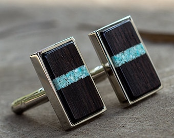 Handcrafted ebony wooden cufflinks, turquoise inlayed cufflink, Mens Cufflinks, Groom Cufflinks, groom Gift For Dad, Fathers Day Gift