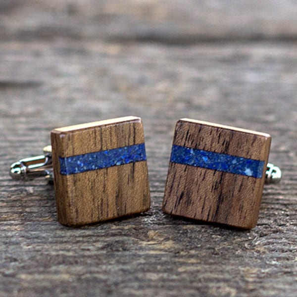 Men's cufflinks Lapis Lazuli, walnut inlayed cufflinks, Jewelry For Men, inlayed wooden cufflinks, wedding party gift, Gift For Men