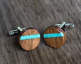 WALNUT Wood with turquoise inlay, WOODEN CUFFLINKS, Wedding Cufflinks, Cufflinks, Groom Cufflinks,  groomsmen cufflinks, gift for him