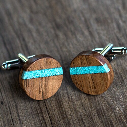 WALNUT Wood With Turquoise Inlay Cufflinks Wooden Cufflinks Etsy