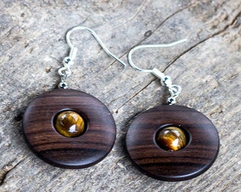 Gift for Mom from Daughter, earrings for Women, wooden earrings, tiger eye earrings,ebony wood earrings, Jewelry for Her,forest earrings