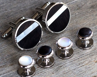 Wooden Cufflinks, Tuxedo Shirt Stud Set, african black wood Cufflinks, Tuxedo Stud Set, Gift For men, mother of pearl, mens accesories