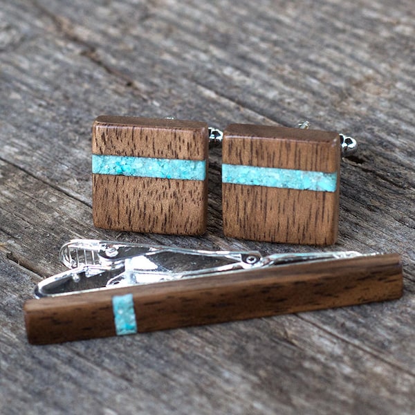 Wooden TIE bar CUFFLINKS Set - Turquoise inlay walnut Wedding Cufflinks | gift for him | Groom Cufflinks | groomsmen cufflinks