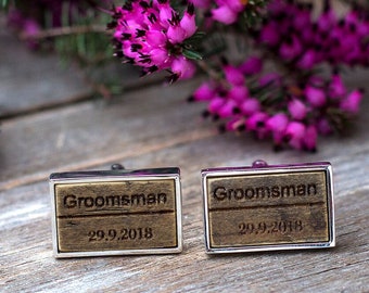 Groomsman Cufflinks, Personalised Groom Cuff Links, Rustic Wood Cufflinks, Groom Gift, Custom Engraved Cufflinks, rustic wedding  cufflinks