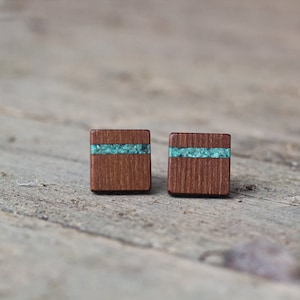 WOODEN CUFFLINKS OAK with turquoise inlay gift for men Wedding Cufflinks gift for him Groomsmen Cufflinks fathers day 5th anniversary image 1