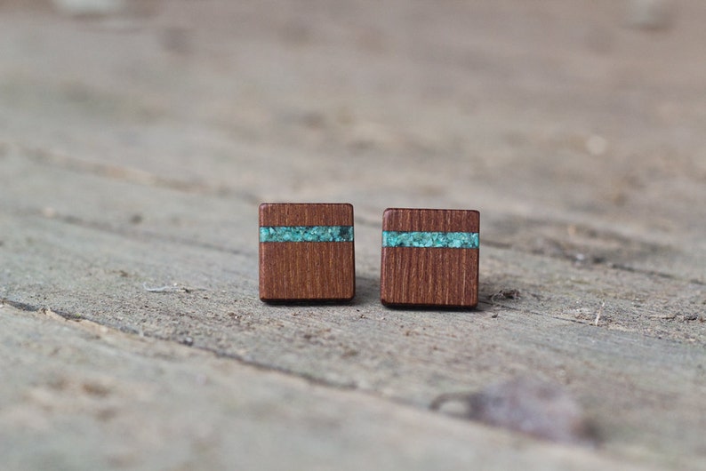 WOODEN CUFFLINKS OAK with turquoise inlay gift for men Wedding Cufflinks gift for him Groomsmen Cufflinks fathers day 5th anniversary image 1