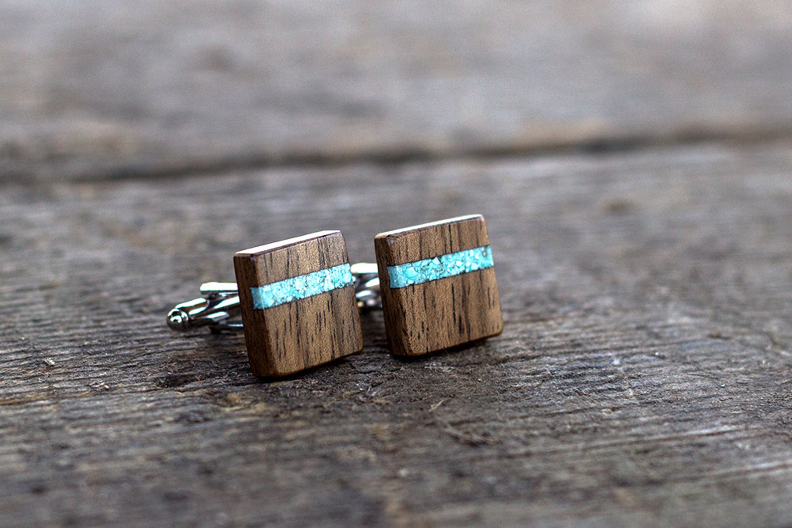 WALNUT Wood With Turquoise Inlay Cufflinks Wooden Cufflinks Etsy