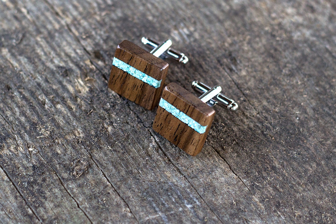 WALNUT Wood With Turquoise Inlay Cufflinks Wooden Cufflinks Etsy