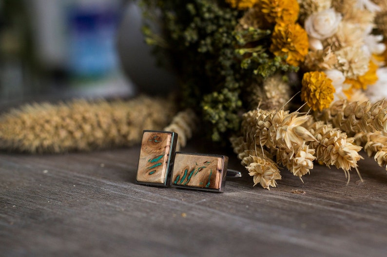 WOODEN CUFFLINKS Wedding Cufflinks, gift for men, Groom Cufflinks, groomsmen cufflinks, poplar burl with Malachite inlay, gift for him image 1