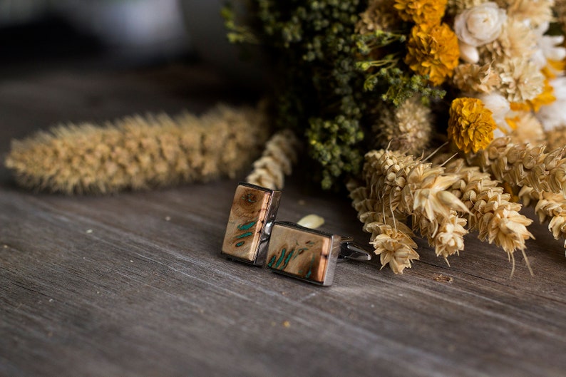 WOODEN CUFFLINKS Wedding Cufflinks, gift for men, Groom Cufflinks, groomsmen cufflinks, poplar burl with Malachite inlay, gift for him image 5