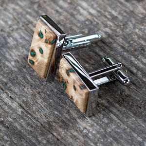 WOODEN CUFFLINKS Wedding Cufflinks, gift for men, Groom Cufflinks, groomsmen cufflinks, poplar burl with Malachite inlay, gift for him image 9