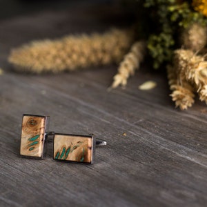 WOODEN CUFFLINKS Wedding Cufflinks, gift for men, Groom Cufflinks, groomsmen cufflinks, poplar burl with Malachite inlay, gift for him image 7