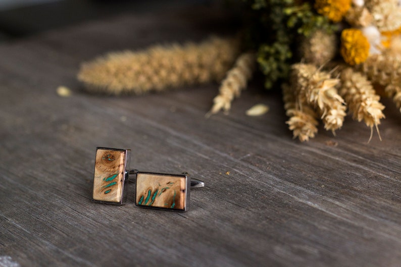 WOODEN CUFFLINKS Wedding Cufflinks, gift for men, Groom Cufflinks, groomsmen cufflinks, poplar burl with Malachite inlay, gift for him image 7