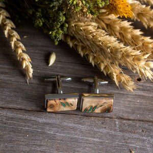 WOODEN CUFFLINKS Wedding Cufflinks, gift for men, Groom Cufflinks, groomsmen cufflinks, poplar burl with Malachite inlay, gift for him image 4