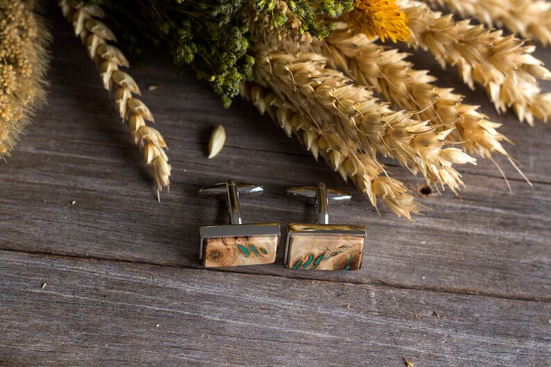 WOODEN CUFFLINKS Wedding Cufflinks, gift for men, Groom Cufflinks, groomsmen cufflinks, poplar burl with Malachite inlay, gift for him image 4