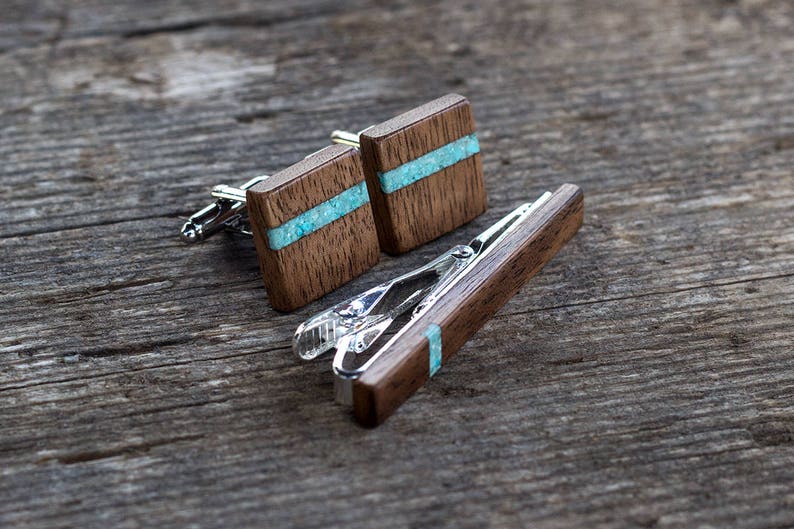 Wooden TIE Bar CUFFLINKS Set Turquoise Inlay Walnut Wedding Etsy