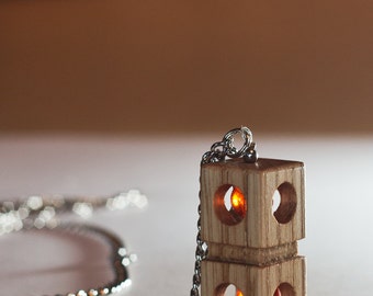 wooden ash necklace - wooden ash pendant - crackle bead necklace - wooden necklace