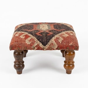 Handmade Kilim Footstool, Upholstered Ottoman, Turkish Rug Stool, Wooden Foot Rest, Boho Home Decor, Rustic Accent Stool