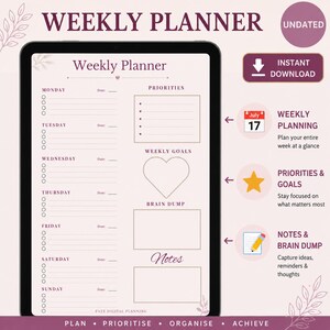 Op de afbeelding: Een digitale weekplanner-sjabloon weergegeven op een tabletscherm met een lichtroze achtergrond. De lay-out bevat secties voor maandag tot en met zondag, prioriteiten, wekelijkse doelen in een hartvorm, een brain dump-ruimte en een notitiesectie.