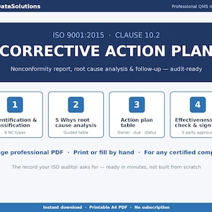 Corrective Action Plan Template ISO 9001:2015 Clause 10.2 | Nonconformity Report PDF | 5 Whys Root Causes | Audit Ready | Instant Download