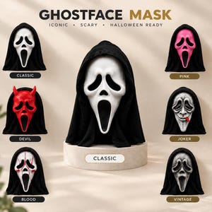 May include: A collection of Ghostface masks featuring a central classic white mask with a black hood, surrounded by six variations: classic white, pink, red devil, joker with a red tongue, blood-splattered, and vintage grey, all with black hoods.