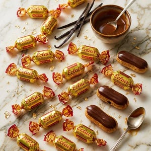 Könnte beinhalten: Eine Sammlung von Roshen Eclair Weichkaramellen in Goldverpackungen, drei Schokoladeneclairs, eine kleine Schale mit Karamellsauce und einem Silberlöffel sowie drei Vanilleschoten, verstreut auf einer Marmoroberfläche mit Blattgoldflocken.