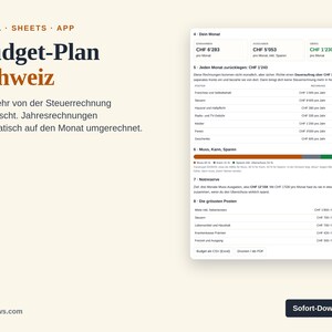 Budgetplan Schweiz: Excel- och Google Sheets-mall med skatteavsättning, årlig spårning och offline-app | Hushållsbudget